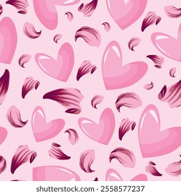 festive pattern for St. Valentine's Day of pink hearts and lily petals placed randomly on a background, for the holiday of St. Valentine