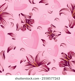 festive pattern for St. Valentine's Day with pink lily flower buds and pink hearts placed randomly on a pink background, for St. Valentine's Day