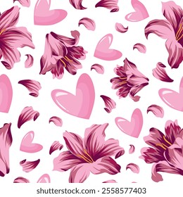 festive pattern for St. Valentine's Day with pink lily flower buds and pink hearts placed randomly, for St. Valentine's Day