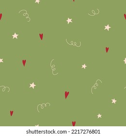 Festive pattern with stars and hearts. Vector drawing on a green background. For paper, packaging, textiles.