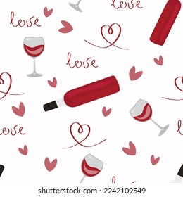 Festive pattern for Valentine's Day with bottles, glasses of win