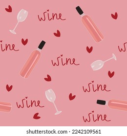 Festive pattern for Valentine's Day with bottles of wine, glasse