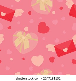 Patrón festivo para el día de San Valentín con corazones, regalos y letta
