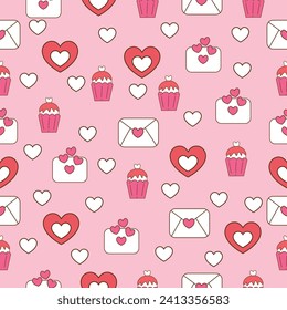 Patrón festivo para el día de San Valentín con corazones, letras y taza