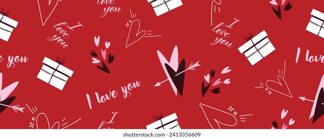 Patrón festivo para el día de San Valentín con corazones y regalos en rojo