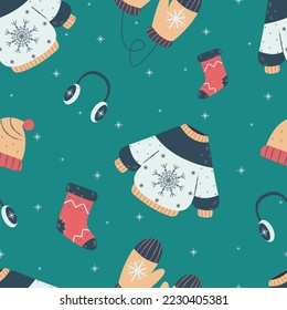 Festive pattern with winter clothes on turquoise background for wrapping paper, for print