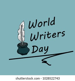 Festive pattern. World Writer Day. Postcard, banner, flyer. Blue background. Doodle drawing