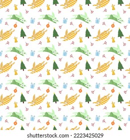 Festive pattern with yellow and green rabbits, Christmas tree and gifts. Vector over white background. Symbol of the new year. For the design of packaging, clothing, brochures and covers, cards 
