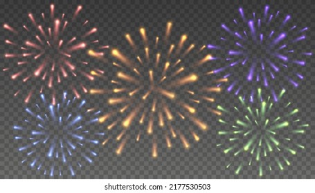 Festive patterned firework bursting. Festive firework salute burst on transparent background. Vector illustration. Eps 10.