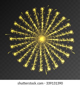 Festive patterned firework bursting sparkling pictogram against transparent mesh. Background abstract vector isolated illustration