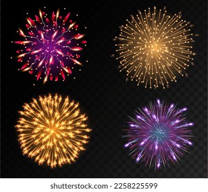 Festive patterned firework bursting in various shapes sparkling pictograms set. Bright fireworks. Vector illustration