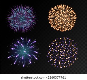 Festive patterned firework bursting in various shapes sparkling pictograms set. Bright fireworks. Vector illustration