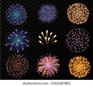 Fest gemusterte Feuerwerkskörper, die in verschiedenen Formen glitzernde Piktogramme zusammenbrechen. Helles Feuerwerk. Vektorgrafik