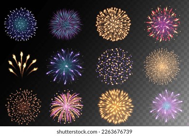 Festive patterned firework bursting in various shapes sparkling pictograms set. Bright fireworks. Vector illustration