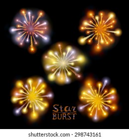 Festive patterned firework  bursting  in various shapes sparkling pictograms set  against black background abstract vector isolated illustration art