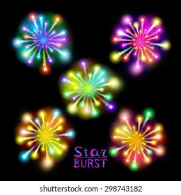 Festive patterned firework  bursting  in various shapes sparkling pictograms set  against black background abstract vector isolated illustration art