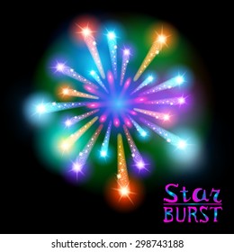 Festive patterned firework  bursting  in various shapes sparkling pictograms set  against black background abstract vector isolated illustration art
