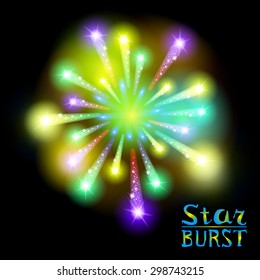 Festive patterned firework  bursting  in various shapes sparkling pictograms set  against black background abstract vector isolated illustration art