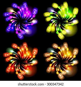 Festive patterned firework  bursting  in various shapes sparkling pictograms set  against black background abstract vector isolated illustration art