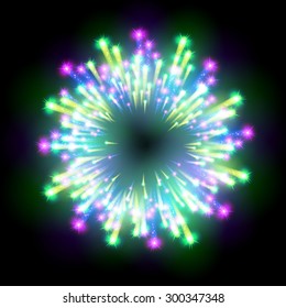 Festive patterned firework  bursting  in various shapes sparkling pictograms set  against black background abstract vector isolated illustration art