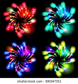 Festive patterned firework  bursting  in various shapes sparkling pictograms set  against black background abstract vector isolated illustration art