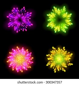 Festive patterned firework  bursting  in various shapes sparkling pictograms set  against black background abstract vector isolated illustration art