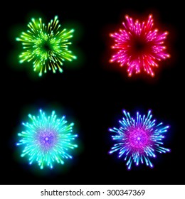 Festive patterned firework  bursting  in various shapes sparkling pictograms set  against black background abstract vector isolated illustration art