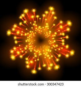 Festive patterned firework  bursting  in various shapes sparkling pictograms set  against black background abstract vector isolated illustration art