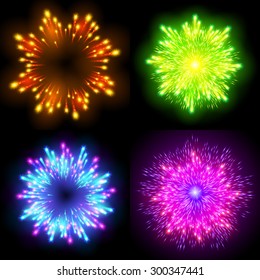 Festive patterned firework  bursting  in various shapes sparkling pictograms set  against black background abstract vector isolated illustration art