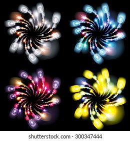 Festive patterned firework  bursting  in various shapes sparkling pictograms set  against black background abstract vector isolated illustration art