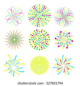 Festive patterned firework bursting in various shapes. Party and holiday event firework icon flat set isolated vector illustration