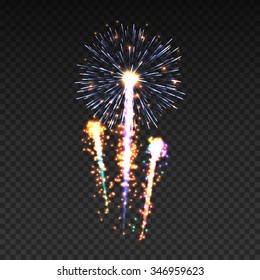 Festive patterned firework  bursting  in various shapes sparkling pictograms set  against black background abstract vector isolated illustration