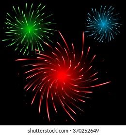 Festive patterned firework  bursting  in various shapes sparkling pictogram set  against black background abstract vector isolated illustration
