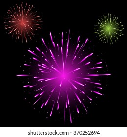Festive patterned firework  bursting  in various shapes sparkling pictogram set  against black background abstract vector isolated illustration