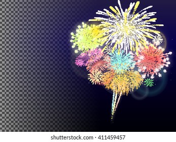 Festive patterned firework bursting in various shapes sparkling pictograms set  against black background abstract vector isolated illustration. Fireworks vector. Gold Fireworks. Firework set. Firework