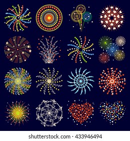 Festive patterned firework bursting in various shapes sparkling and firework pictograms set