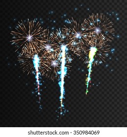 Festive patterned firework explosion in various shapes sparkling pictograms collections against isolated black background. Abstract Vector illustration EPS10