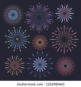 Festive patterned firework with stars and sparks. Firework on dark background. Vector illustration