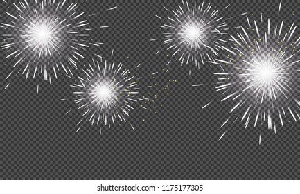 Festive patterned fireworks bursting in various forms, sparkling pictograms set against a black background Abstract. New Year and birthdays. Vector illustration