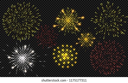 Festive patterned fireworks bursting in various forms, sparkling pictograms set against a black background Abstract. New Year and birthdays. Vector illustration