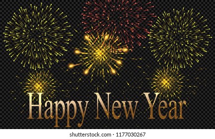 Festive patterned fireworks bursting in various forms, sparkling pictograms set against a black background Abstract. New Year and birthdays. Vector illustration