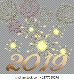 Festive patterned fireworks bursting in various forms, sparkling pictograms set against a black background Abstract. New Year and birthdays. Vector illustration