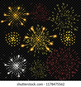 Festive patterned fireworks, bursting in various forms, sparkling pictograms Abstract. New Year and birthdays. Vector illustration