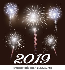 Festive patterned fireworks, bursting in various forms, sparkling pictograms Abstract. New Year and birthdays. Vector illustration
