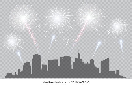 Festive patterned fireworks, bursting in various forms, sparkling pictograms Abstract. New Year and birthdays. Vector illustration