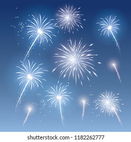 Festive patterned fireworks, bursting in various forms, sparkling pictograms Abstract. New Year and birthdays. Vector illustration