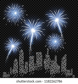 Festive patterned fireworks, bursting in various forms, sparkling pictograms Abstract. New Year and birthdays. Vector illustration