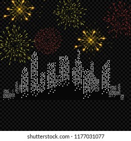 Festive patterned fireworks in the city, bursting in various forms, sparkling pictograms set against a black background Abstract. New Year and birthdays. Vector illustration