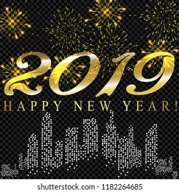 Festive patterned fireworks in the city, bursting in various forms, sparkling pictograms Abstract. New Year and birthdays. Vector illustration