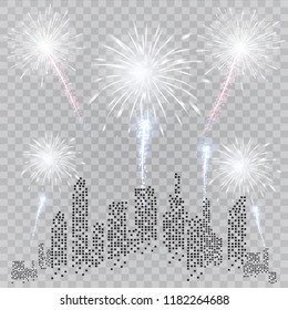 Festive patterned fireworks in the city, bursting in various forms, sparkling pictograms Abstract. New Year and birthdays. Vector illustration